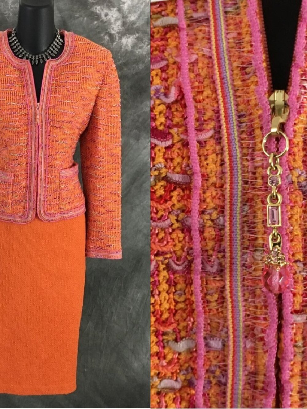 BEAUTIFUL St John couture knit orange multi jacket skirt suit size 6 8